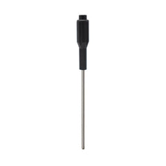 A stainless steel temperature probe with a black protective cap at the end.