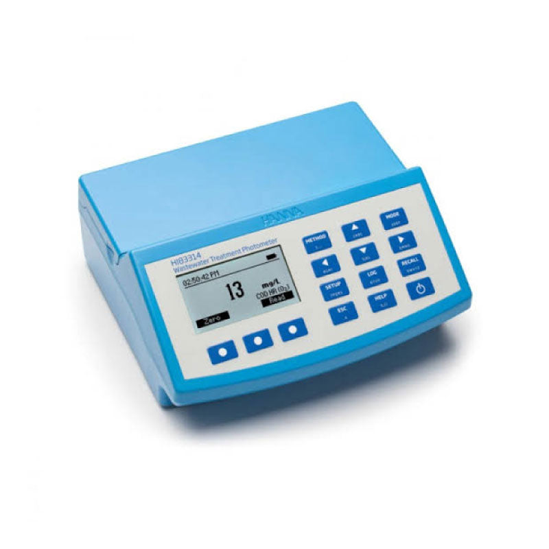 A compact blue benchtop photometer and pH meter Hanna HI83314 with a digital screen and multiple buttons for laboratory use.