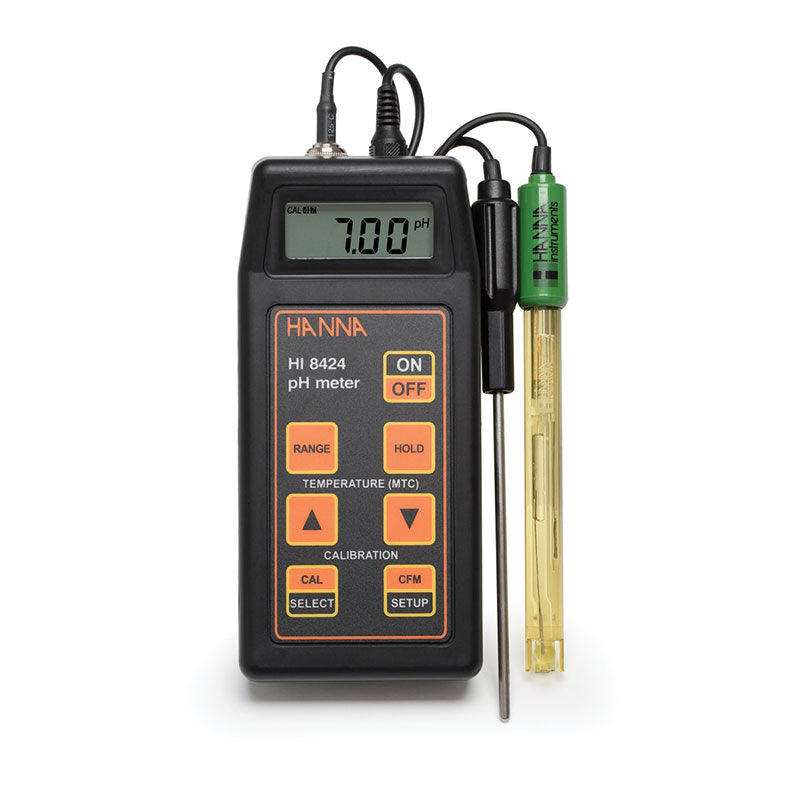 A Hanna portable pH/mV/temperature meter, model HI8424, with a digital display, control buttons, and a probe attached.
