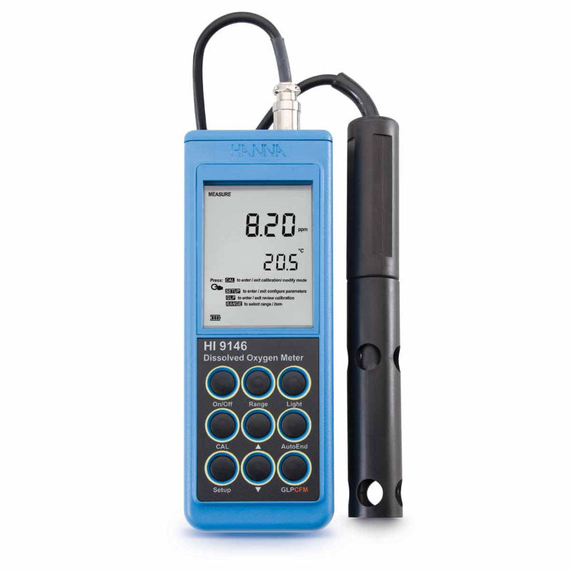 A Hanna Portable Dissolved Oxygen Meter, blue in color with a digital display and a sensor probe attached via a cable.