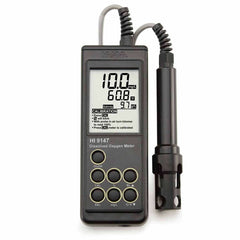 A Hanna Portable Dissolved Oxygen Meter with a digital LCD screen, buttons for operation, and a galvanic probe attached with a cable.