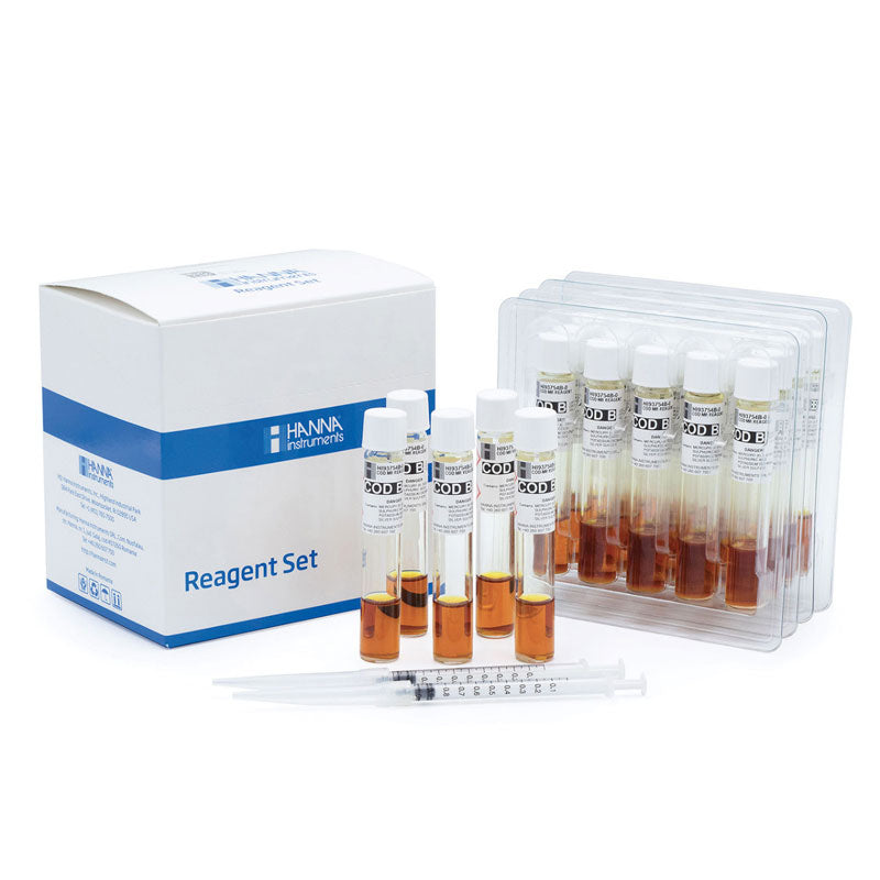 A set of Hanna COD MR Reagent Vials hi93754b-25 with a label containing the product information, in a white box with a few vials displayed in front.