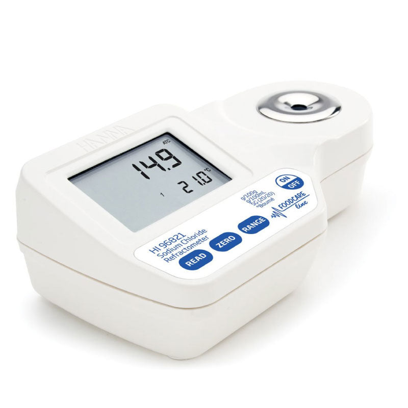 A digital refractometer Hanna HI96821 with a white body and a digital display, designed for measuring sodium chloride concentration.