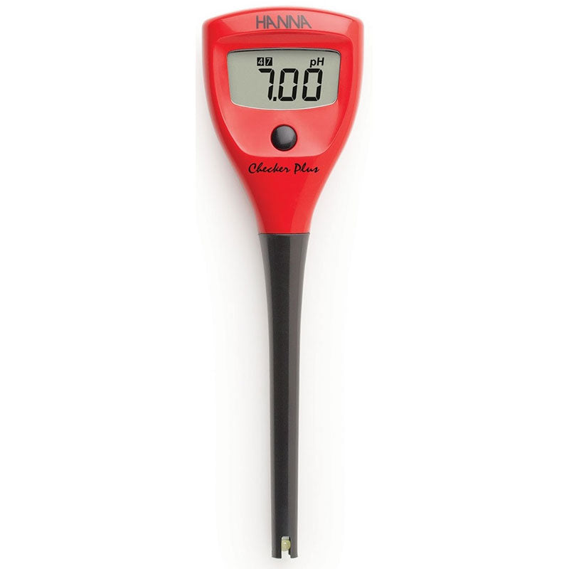 A digital pH tester with a red body and a black probe, labeled 'Hanna Checker Plus' with a digital display showing a pH reading.