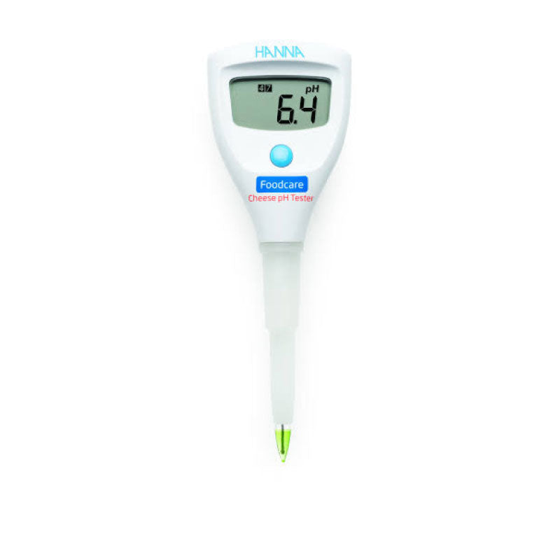 HI981032 Hanna pH tester for cheese with a digital display showing the pH level, conical glass tip, and branding details.