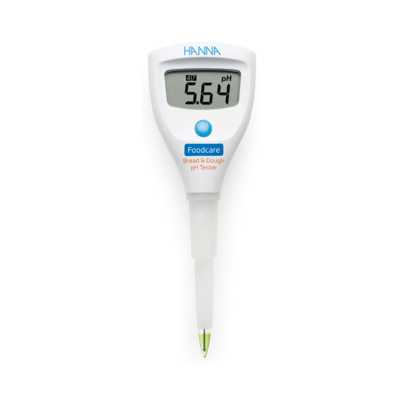 HI981038 Hanna brand pH tester for bread and dough with a digital screen and a probe, displaying a pH level reading.