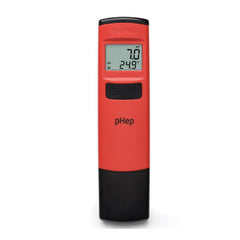 HI98107 Hanna pH pocket tester with a digital LCD screen, predominantly red with black and grey accents, used for measuring pH levels.