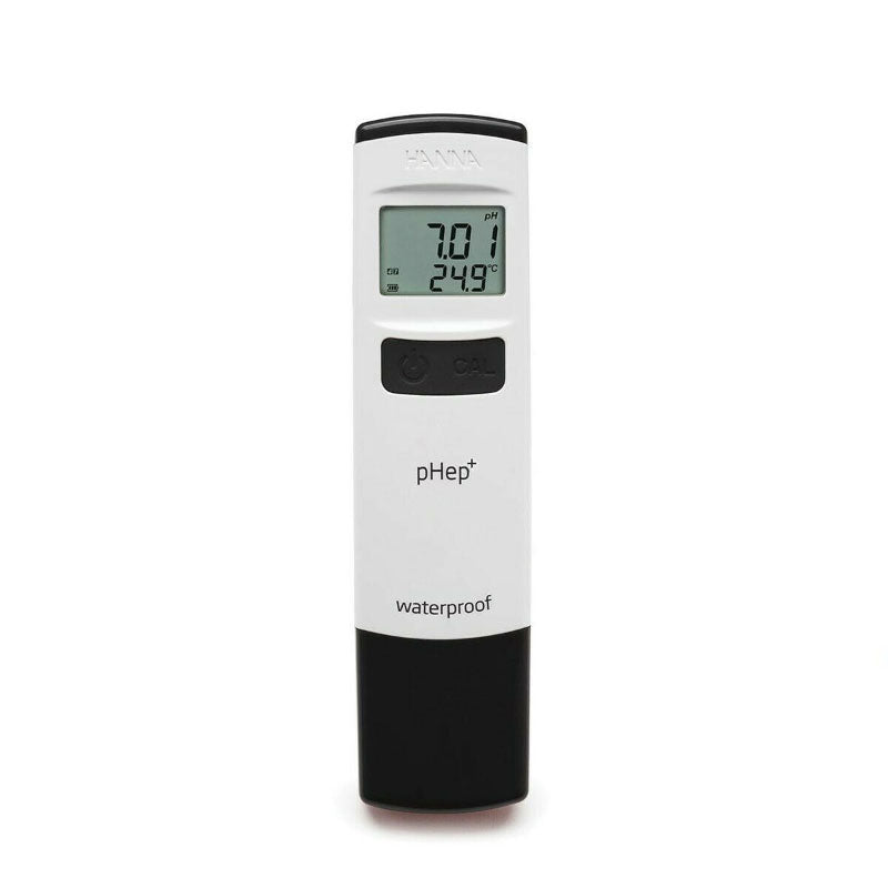 HI98108 a digital pH pocket tester with a large LCD screen, white body, black at the bottom, and labeled 'pHep' with the text 'proof' below, indicating it is waterproof.