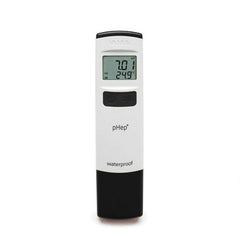 HI98108 a digital pH pocket tester with a large LCD screen, white body, black at the bottom, and labeled 'pHep' with the text 'proof' below, indicating it is waterproof.
