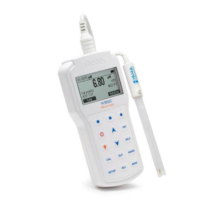 A Hanna HI98162 Professional Portable pH Meter for Milk with a digital display, buttons for navigation, and a probe for measurement.