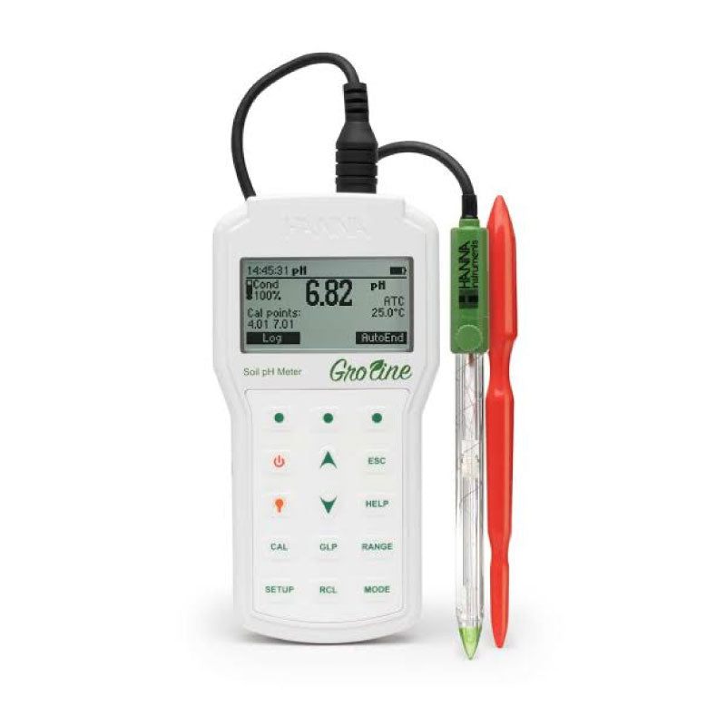 A Hanna Professional Portable pH Meter for Soil with a digital display, buttons for operation, and a conical glass tip electrode alongside a red and a green calibration certificate.