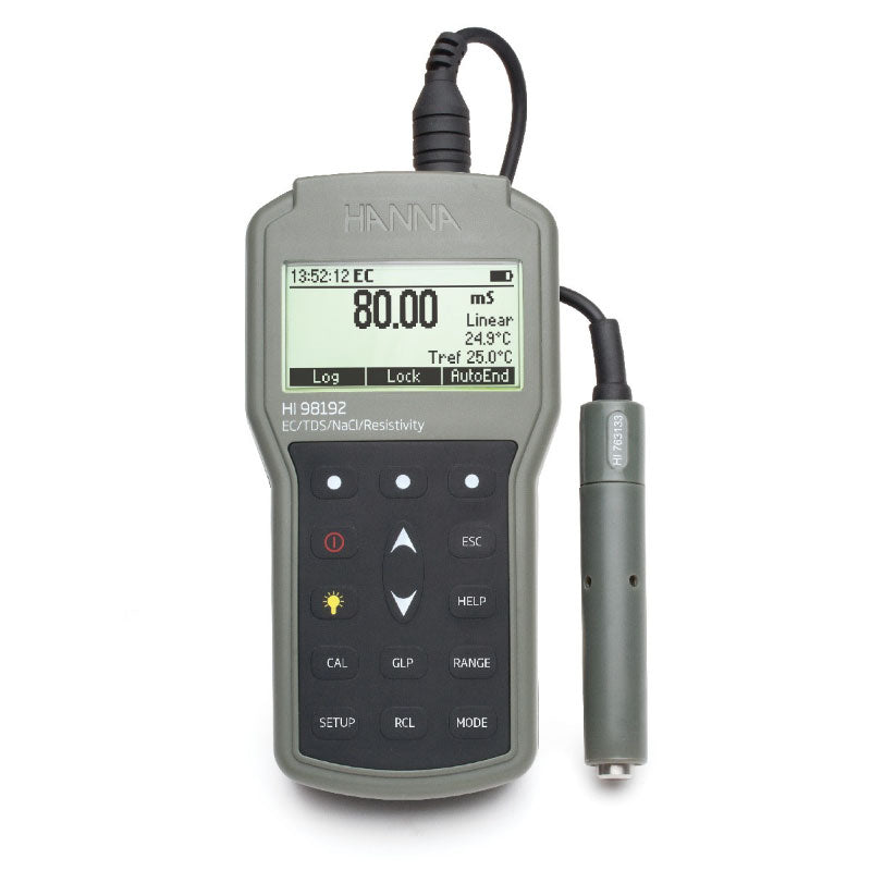 A Hanna HI98192 portable EC/TDS/Resistivity/Salinity Meter with a digital display, buttons for navigation and settings, and a probe attached via a cable.