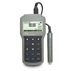 A Hanna HI98192 portable EC/TDS/Resistivity/Salinity Meter with a digital display, buttons for navigation and settings, and a probe attached via a cable.