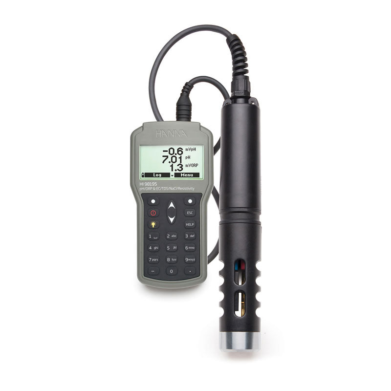 A Hanna Portable pH/ORP/EC/Pressure/Temperature Meter with a digital sensor probe, displayed on a white background.