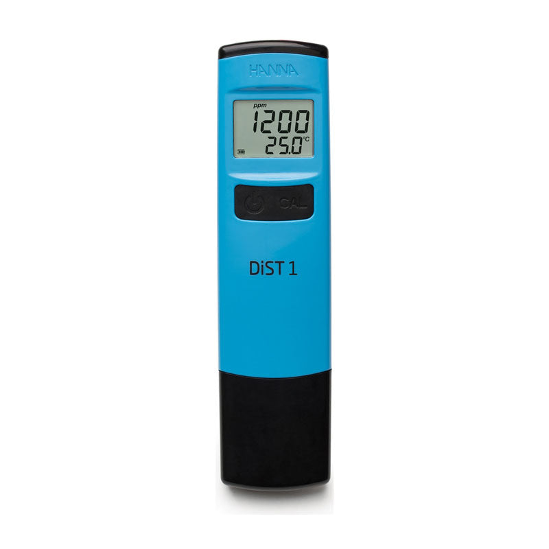 Blue and black digital TDS meter label DiST1 and a screen.
