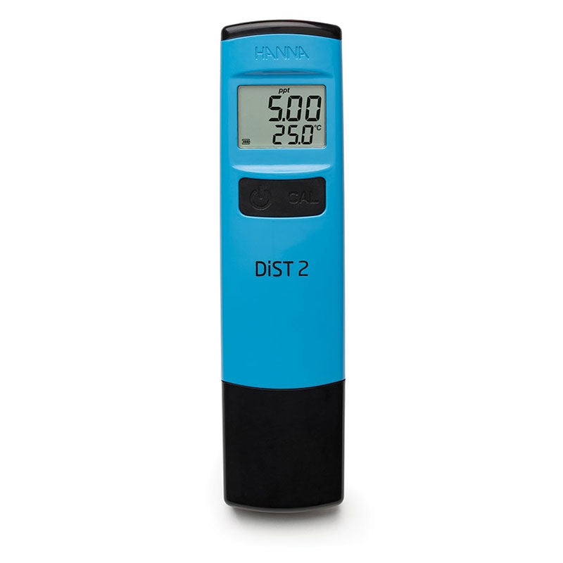 A Hanna DiST2 Pocket TDS Tester with a blue body, digital display showing TDS and temperature readings, and measurement units.