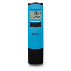 A Hanna DiST2 Pocket TDS Tester with a blue body, digital display showing TDS and temperature readings, and measurement units.