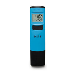 Blue digital conductivity meter with a label DiST3 and a wide screen.