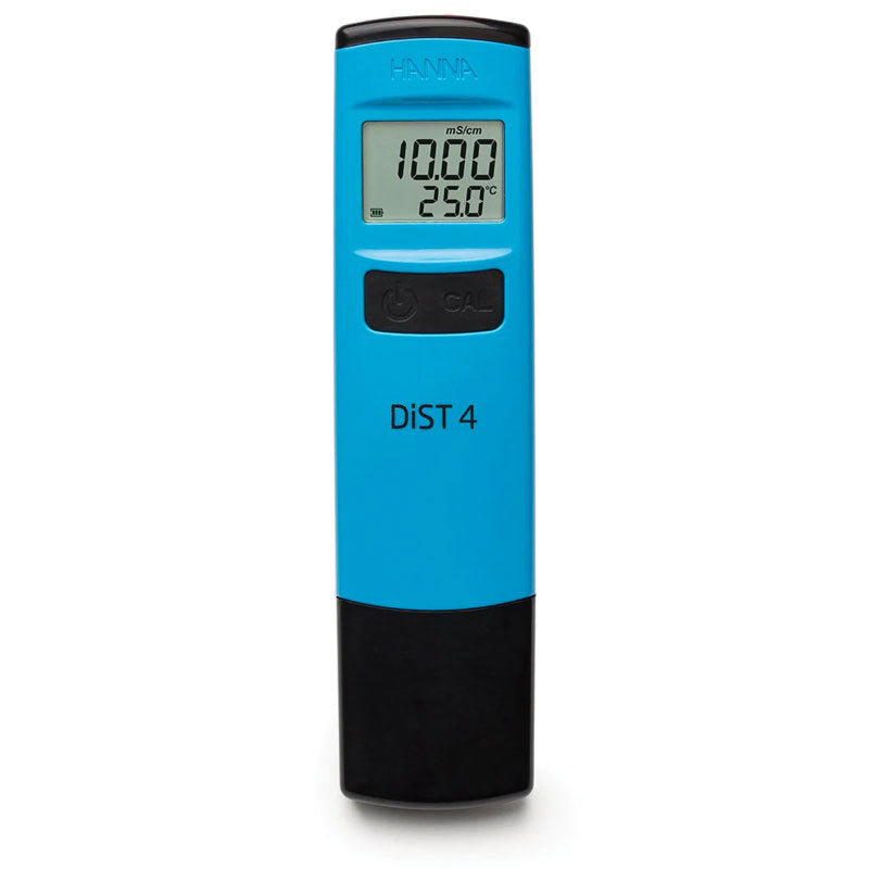 A Hanna DiST4 conductivity pocket tester with a blue body, digital display, and black accents.
