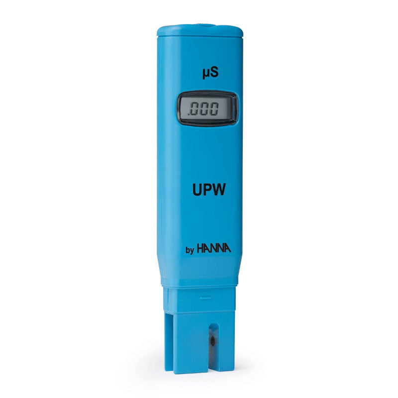 A blue Hanna conductivity tester with digital display, marked for ultra pure water testing.