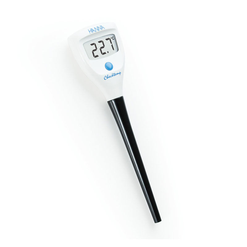 A compact digital Hanna thermometer with a stainless steel probe and white body, displaying a temperature reading.