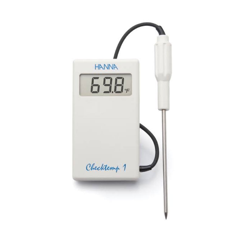 A digital thermometer with a silicone cable and a stainless steel probe, displaying a temperature reading on its LCD screen.