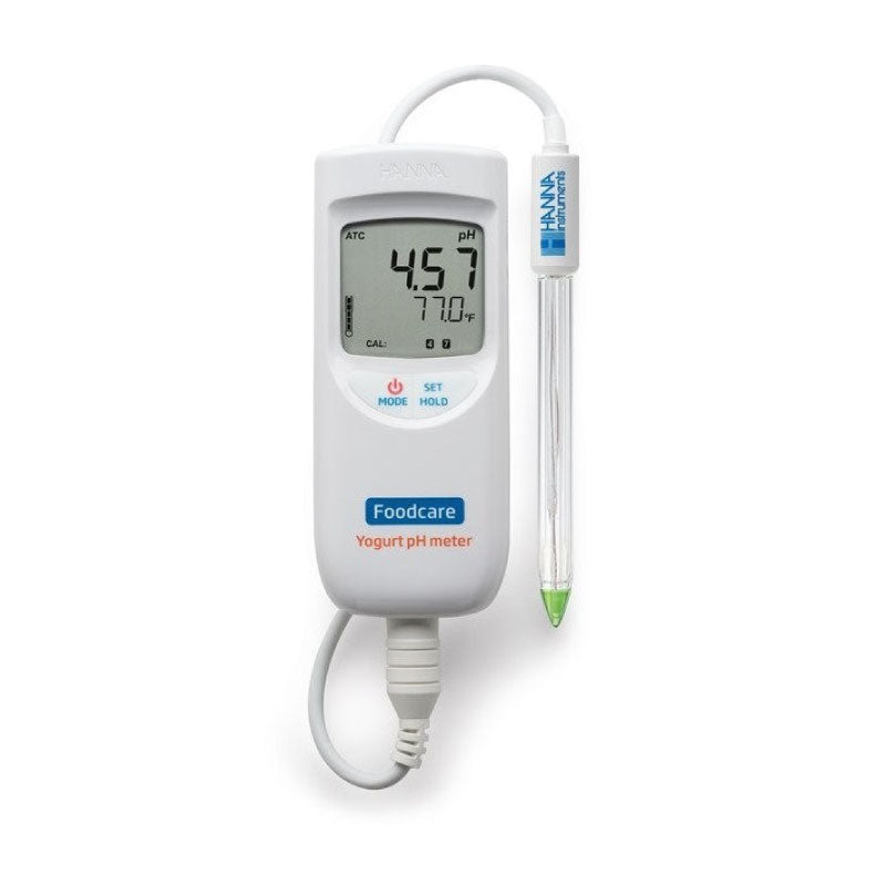 A Hanna brand portable pH meter HI99164, is designed for measuring the pH level of yogurt, with a digital display and a flexible probe with a green tip.