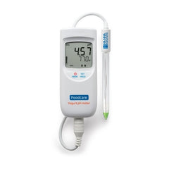 A Hanna brand portable pH meter HI99164, is designed for measuring the pH level of yogurt, with a digital display and a flexible probe with a green tip.