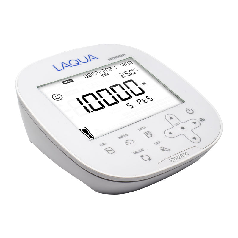 HORIBA LAQUA ION2000 | Benchtop pH, ORP & Ion Concentration Meter in white, featuring a large LCD screen displaying readings and a set of control buttons on the front.