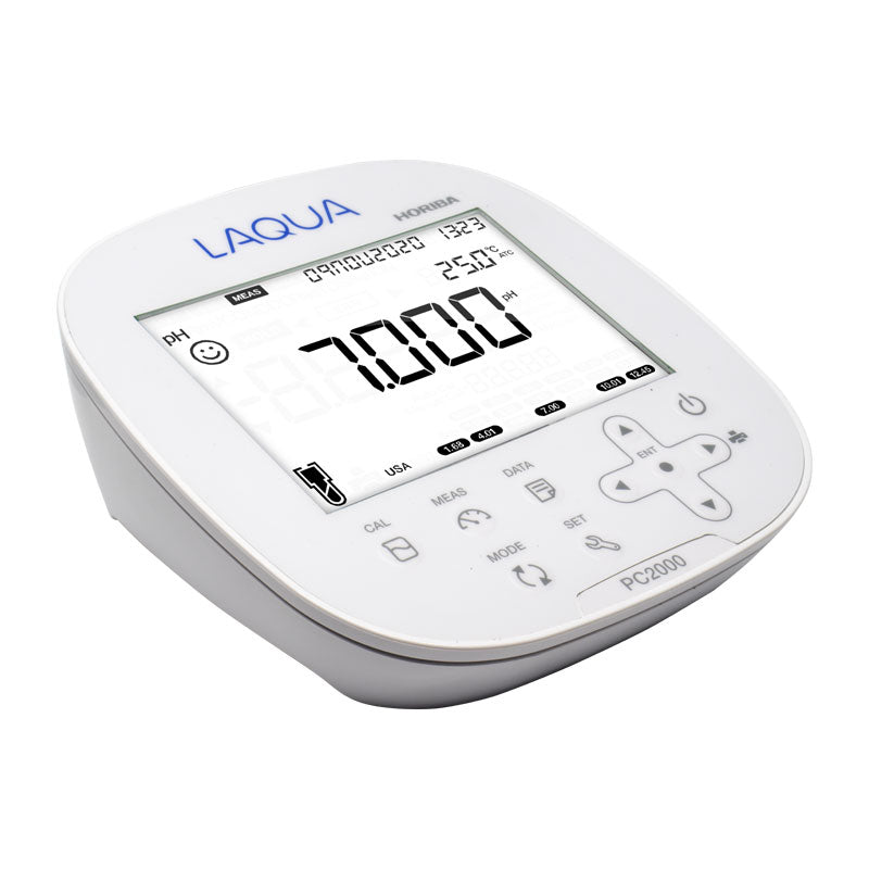 HORIBA LAQUA PC2000 | Dual-Channel Benchtop Multi-Parameter Water Quality Meter in white with a blue brand logo, shown on a solid white background.