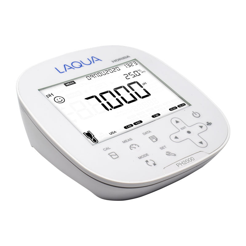 HORIBA LAQUA PH2000 | High-Accuracy Benchtop pH, ORP & Temperature Meter in white with a blue brand logo, shown on a solid white background.