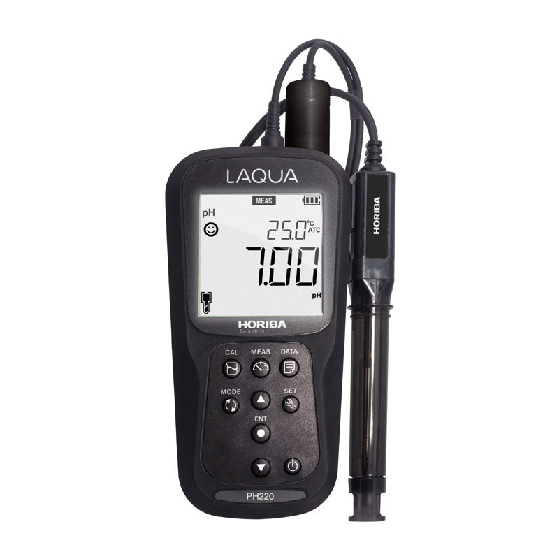 HORIBA LAQUA PH220 | GLP Handheld pH, ORP & Temperature Meter with a digital display screen and an attached probe, shown on a solid white background.