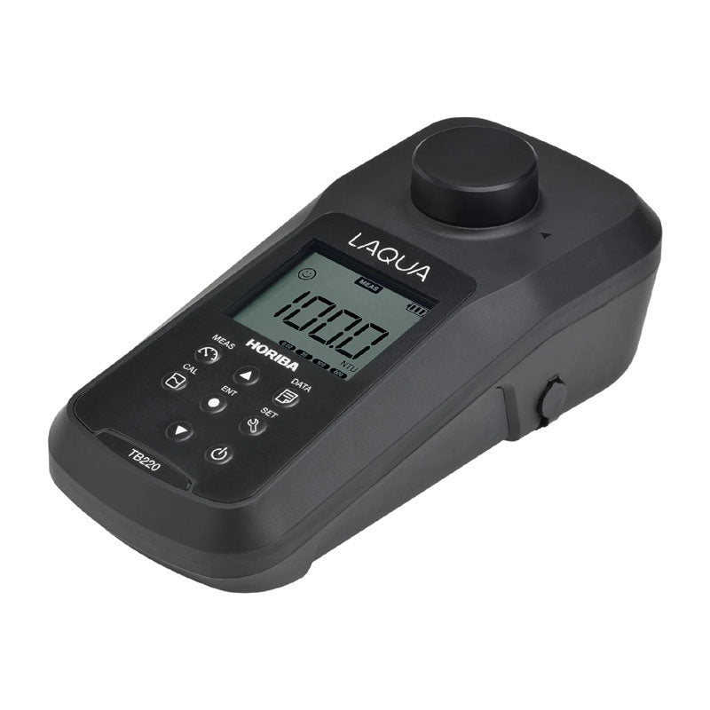HORIBA LAQUA TB220 | Portable Turbidity Meter – Up to 2000 NTU, a black handheld electronic device with a digital LCD screen and rotary dial, branded LAQUA and HOHABA, shown on a plain white background.