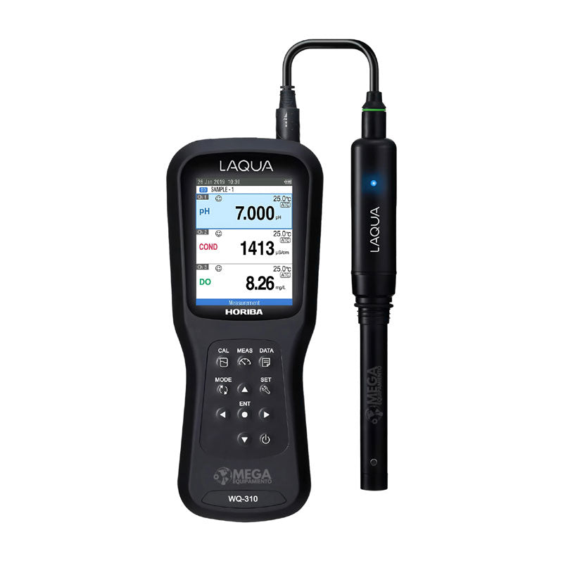 HORIBA LAQUA WQ-310 | Single-Channel Smart Handheld Water Quality Meter featuring a black handheld unit with a colour LCD screen and a separate black probe, shown on a solid white background.