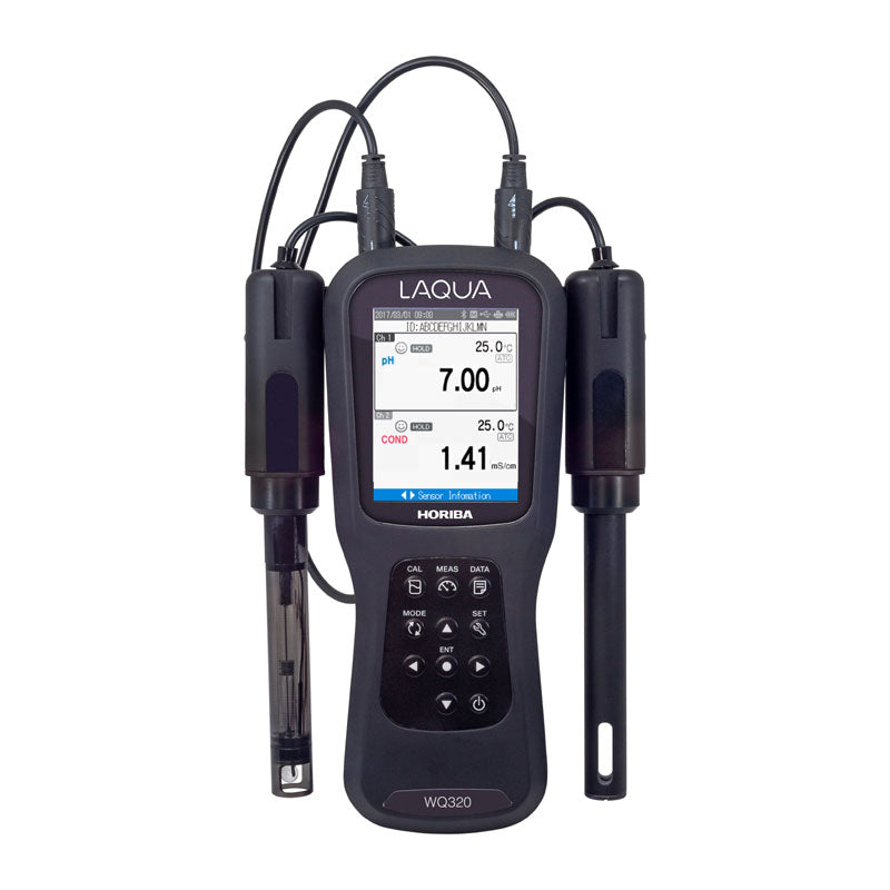 HORIBA LAQUA WQ-320 | Dual-Channel Smart Handheld Water Quality Meter, a handheld digital water quality meter shown on a plain white background with two attached black probes.
