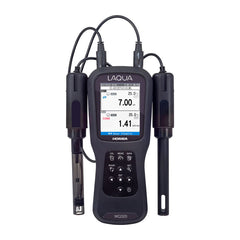 HORIBA LAQUA WQ-320 | Dual-Channel Smart Handheld Water Quality Meter, a handheld digital water quality meter shown on a plain white background with two attached black probes.
