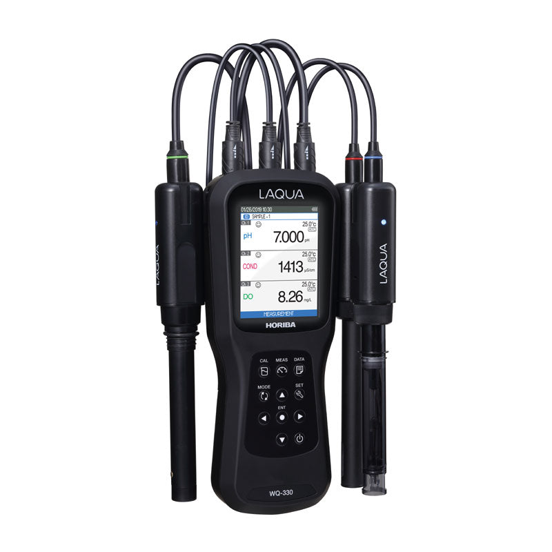 HORIBA LAQUA WQ-330 | Triple-Channel Smart Handheld Water Quality Meter with a black handheld unit, three connected probes, shown against a plain white background.