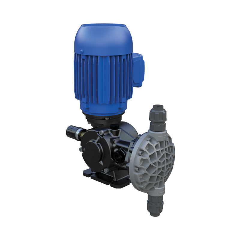 A SEKO motorized dosing pump with a blue motor housing and black base, designed for chemical dosing applications.