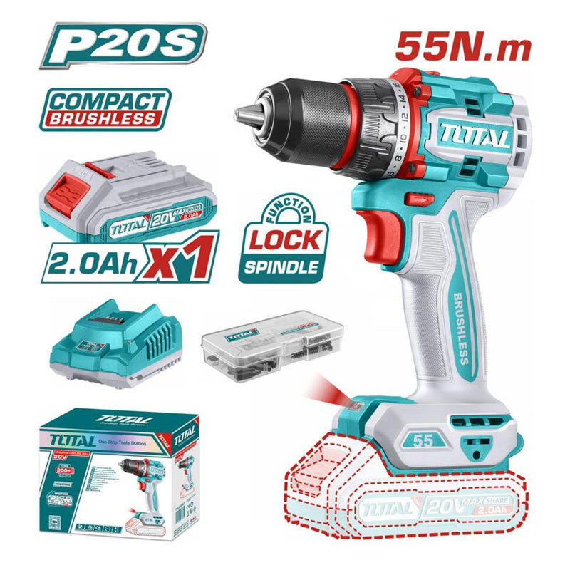 Total TDLI205582 | Compact Brushless Cordless Drill - 20V 55Nm with Battery & Charger