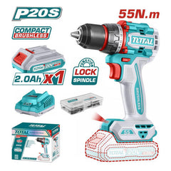 Total TDLI205582 | Compact Brushless Cordless Drill - 20V 55Nm with Battery & Charger