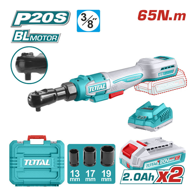 Total TDRLI20652 | Cordless Drive Ratchet - 20V 65Nm Extended Neck with Batteries & Charger