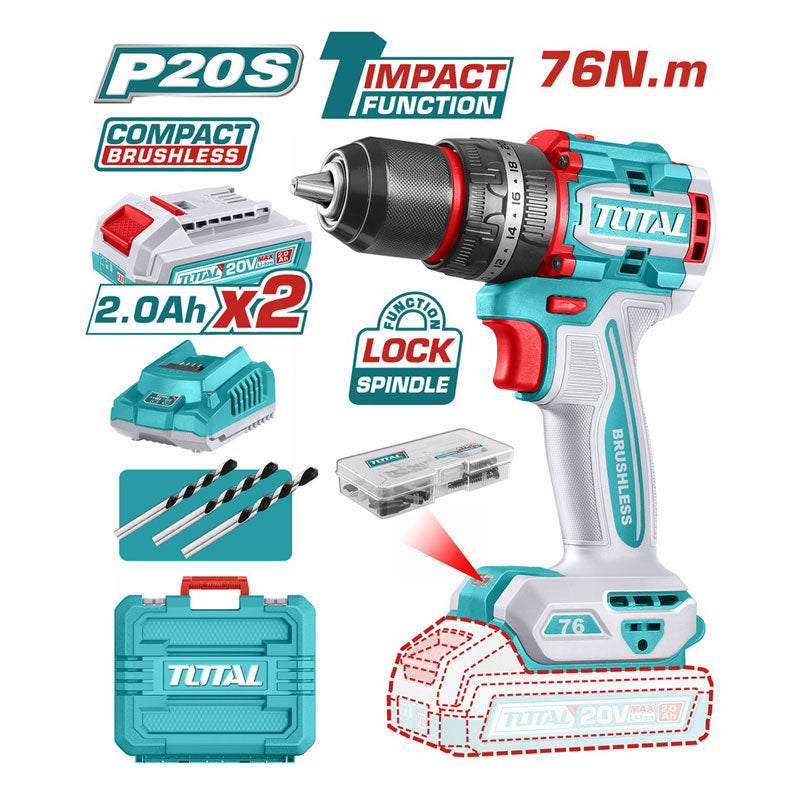 Total TIDLI20768 | Compact Brushless Cordless Impact Drill - 20V 76Nm with Batteries & Charger