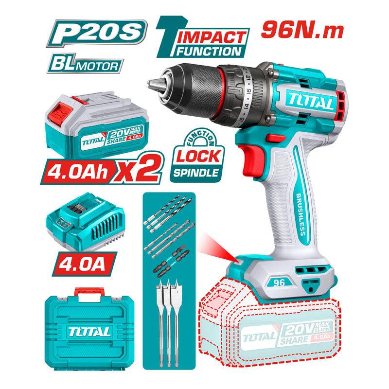TOTAL TIDLI20968 20V Cordless Impact Drill Kit (2x 4.0Ah Batteries)